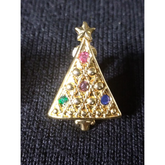 Vintage Gold Tone Rhinestones Christmas Tree Clip On Earrings Star on Top - Picture 5 of 7